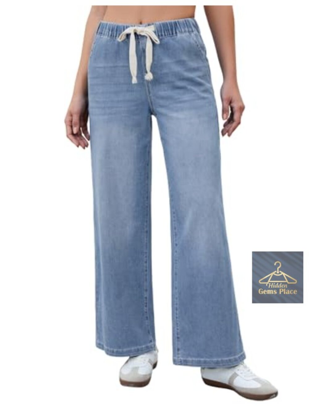 High Waisted Wide Leg Jeans with Pockets Pull On Elastic Waist Drawstring